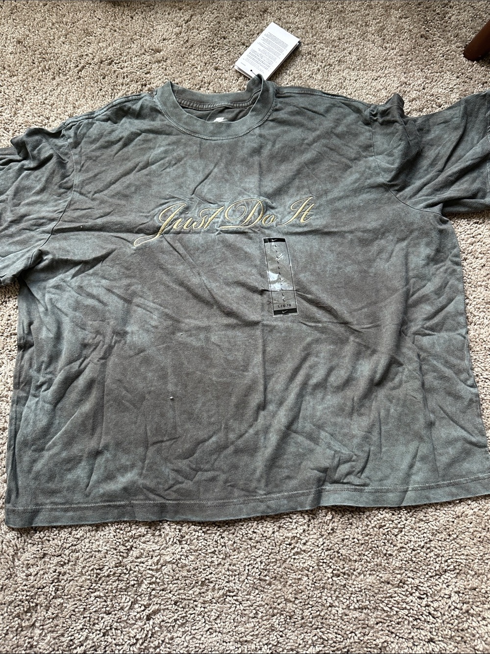 Nike 'Just Do It' Crewneck T-Shirt in Faded Olive with Gold Script